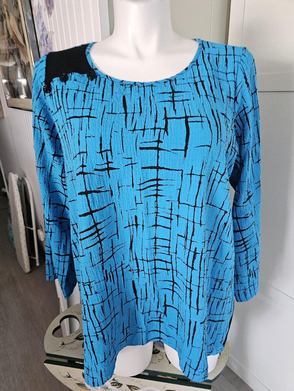 Ali Miles 1X Tunic Top Turquoise Blue Black Crackle Textured Button Shoulder